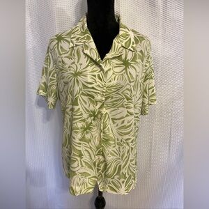 Alfred Dunner Green & White Floral Print Short Sleeve Button-Down Blouse Size 14